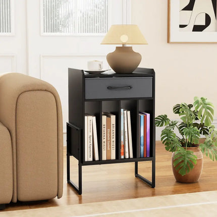 Record Player Stand with Drawer and Record Holder-Black - Black - End & Side Tables
