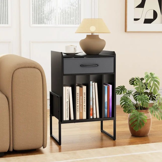Record Player Stand with Drawer and Record Holder-Black - Black - End & Side Tables