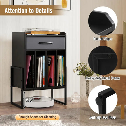 Record Player Stand with Drawer and Record Holder-Black - Black - End & Side Tables