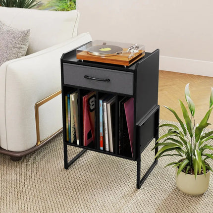 Record Player Stand with Drawer and Record Holder-Black - Black - End & Side Tables