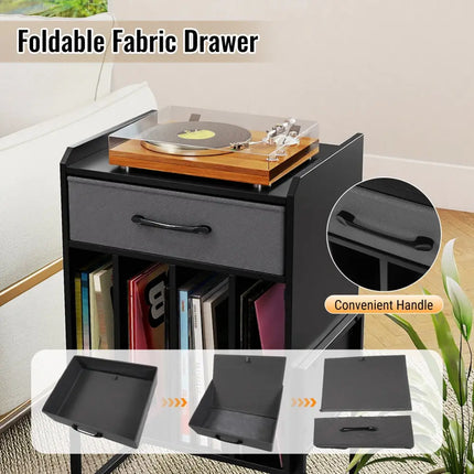 Record Player Stand with Drawer and Record Holder-Black - Black - End & Side Tables