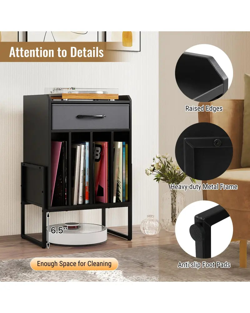 Record Player Stand with Drawer and Record Holder-Black - Black - End & Side Tables