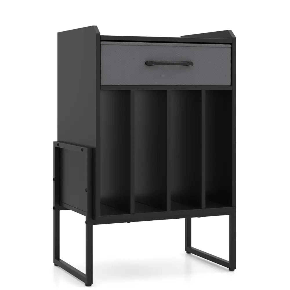 Record Player Stand with Drawer and Record Holder-Black - Black - End & Side Tables