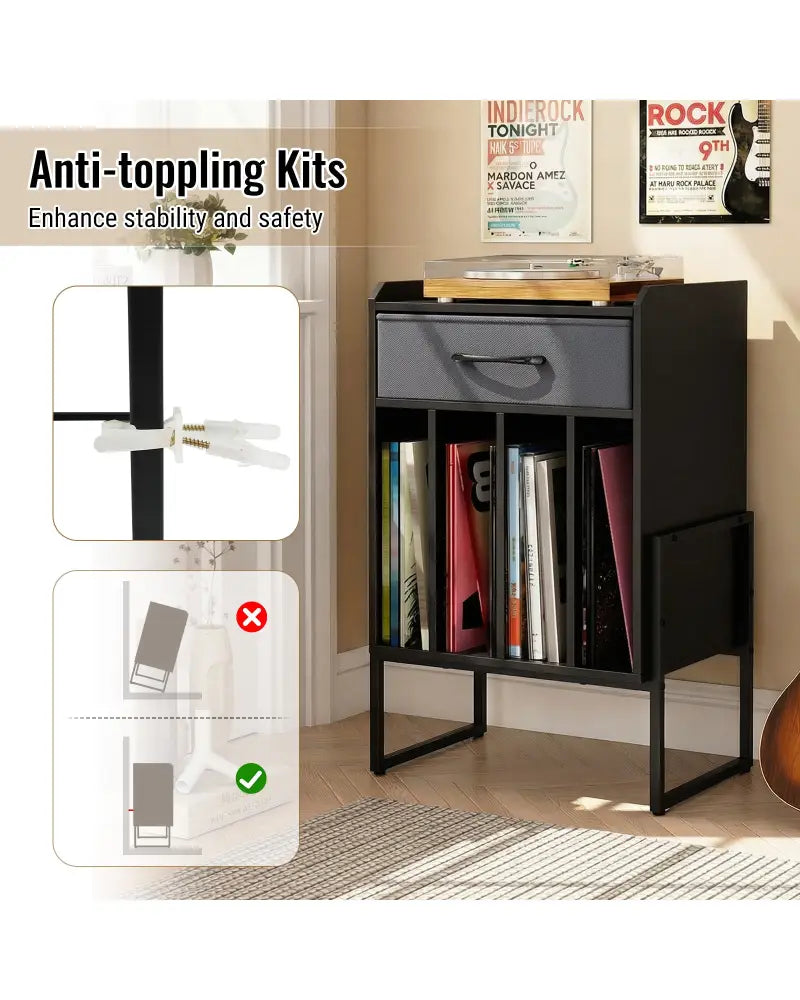 Record Player Stand with Drawer and Record Holder-Black - Black - End & Side Tables