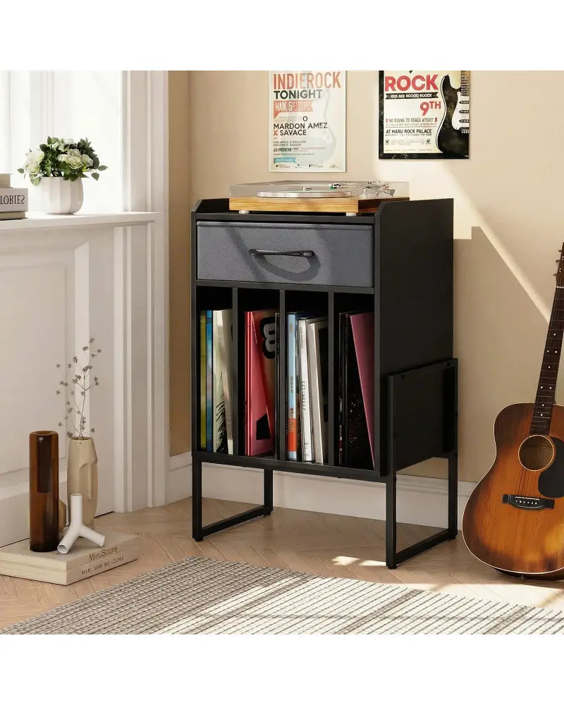 Record Player Stand with Drawer and Record Holder-Black - Black - End & Side Tables