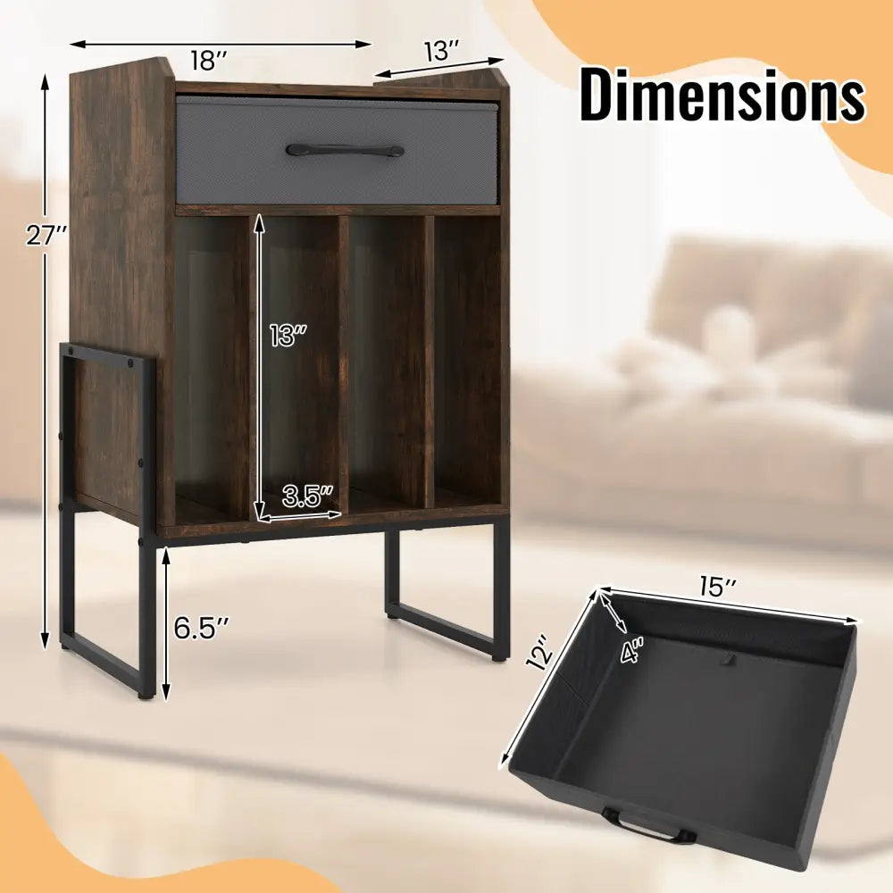 Record Player Stand with Drawer and Record Holder-Rustic Brown - Rustic Brown - End & Side Tables
