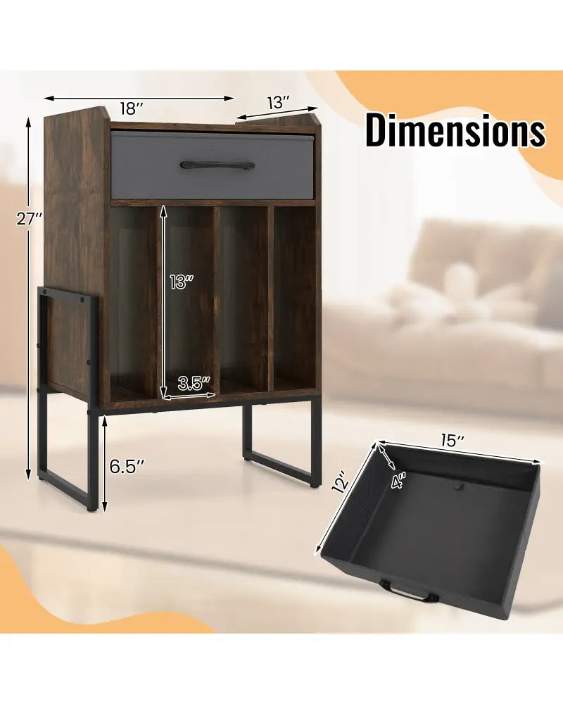 Record Player Stand with Drawer and Record Holder-Rustic Brown - Rustic Brown - End & Side Tables