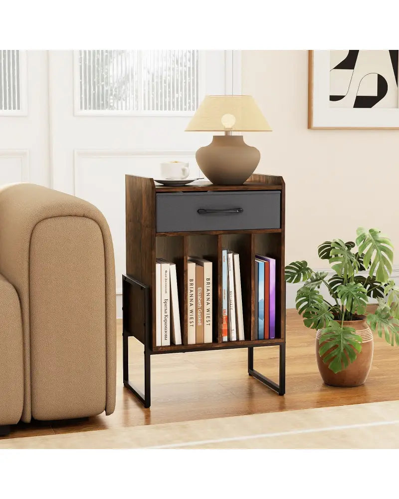 Record Player Stand with Drawer and Record Holder-Rustic Brown - Rustic Brown - End & Side Tables