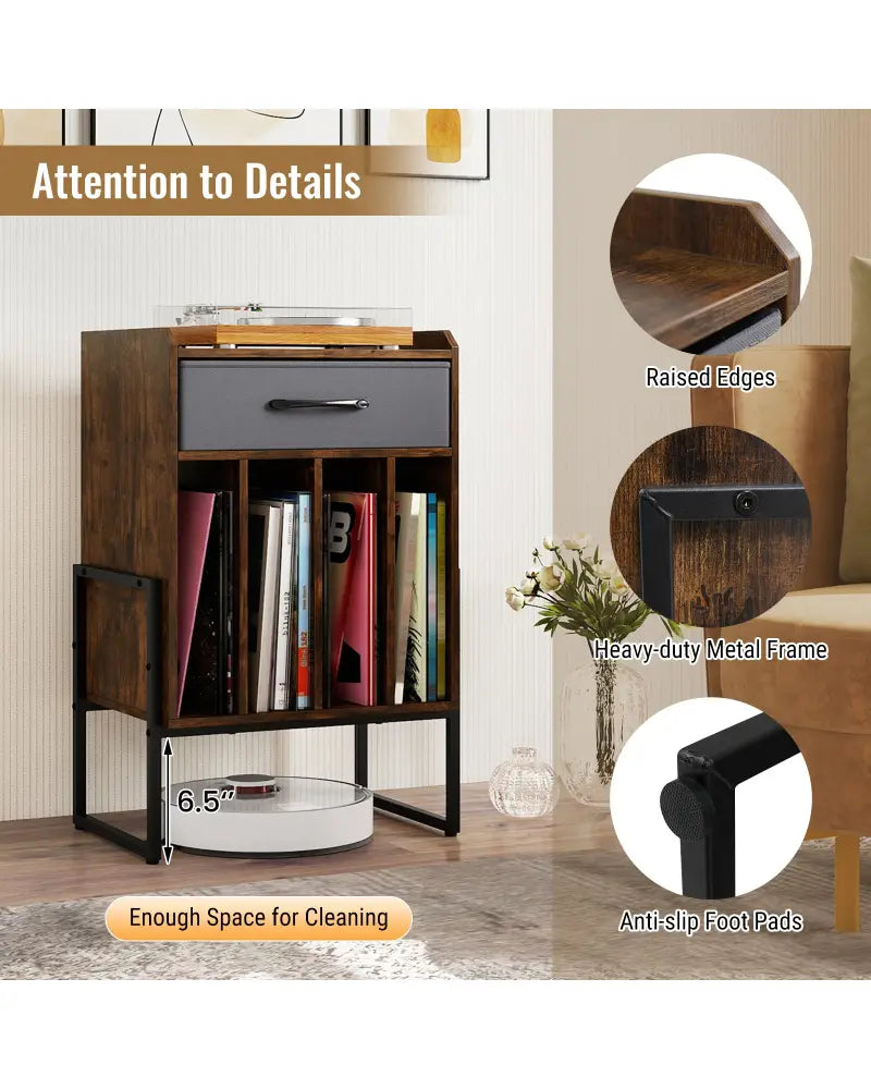 Record Player Stand with Drawer and Record Holder-Rustic Brown - Rustic Brown - End & Side Tables