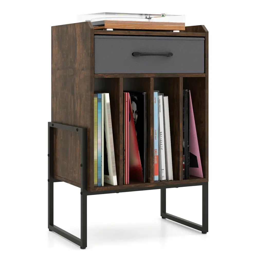 Record Player Stand with Drawer and Record Holder-Rustic Brown - Rustic Brown - End & Side Tables