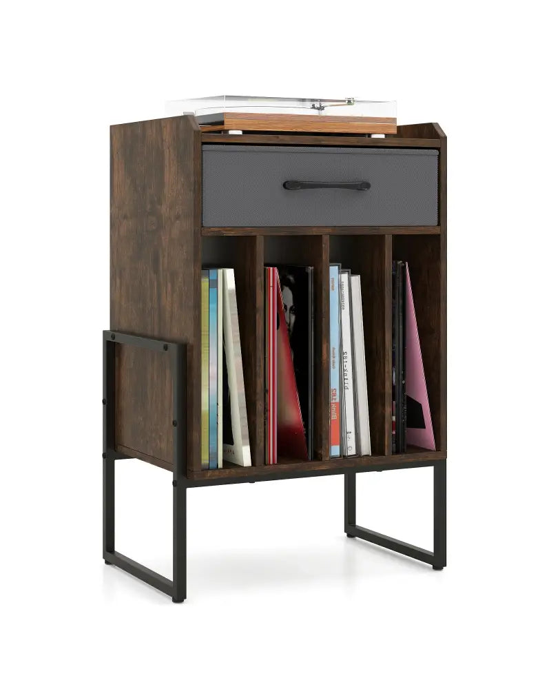 Record Player Stand with Drawer and Record Holder-Rustic Brown - Rustic Brown - End & Side Tables