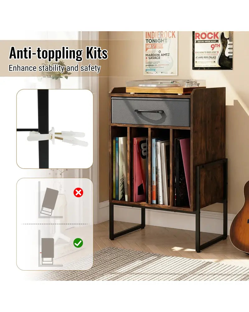 Record Player Stand with Drawer and Record Holder-Rustic Brown - Rustic Brown - End & Side Tables