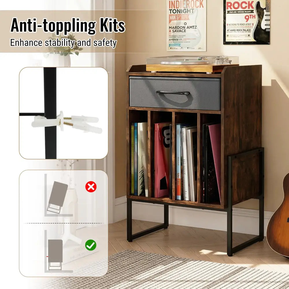 Record Player Stand with Drawer and Record Holder-Rustic Brown - Rustic Brown - End & Side Tables