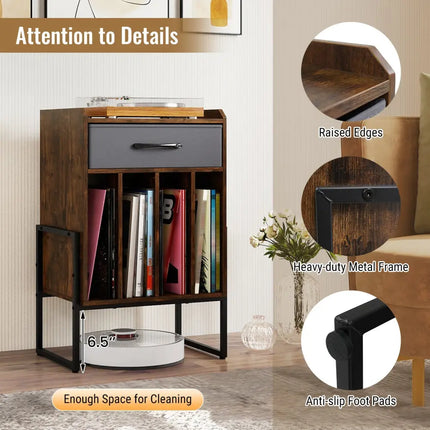 Record Player Stand with Drawer and Record Holder-Rustic Brown - Rustic Brown - End & Side Tables