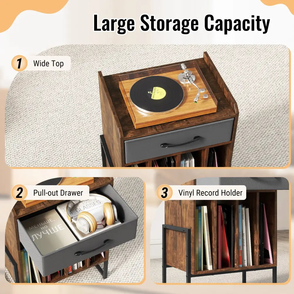 Record Player Stand with Drawer and Record Holder-Rustic Brown - Rustic Brown - End & Side Tables