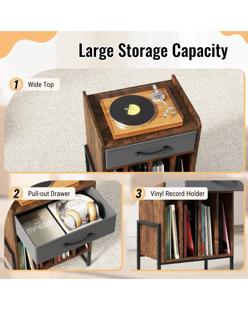 Record Player Stand with Drawer and Record Holder-Rustic Brown - Rustic Brown - End & Side Tables