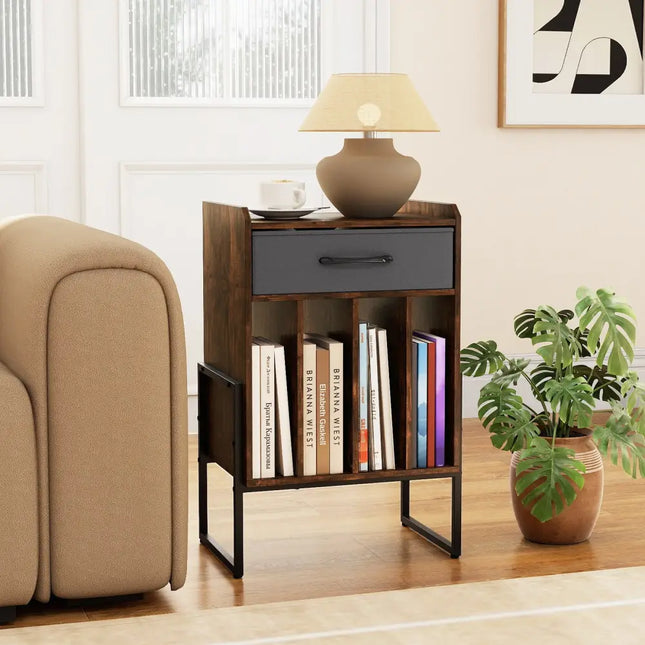 Record Player Stand with Drawer and Record Holder-Rustic Brown - Rustic Brown - End & Side Tables