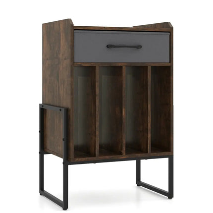 Record Player Stand with Drawer and Record Holder-Rustic Brown - Rustic Brown - End & Side Tables
