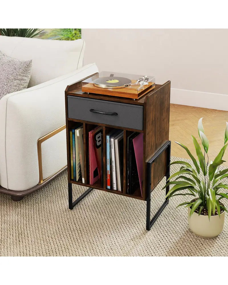 Record Player Stand with Drawer and Record Holder-Rustic Brown - Rustic Brown - End & Side Tables
