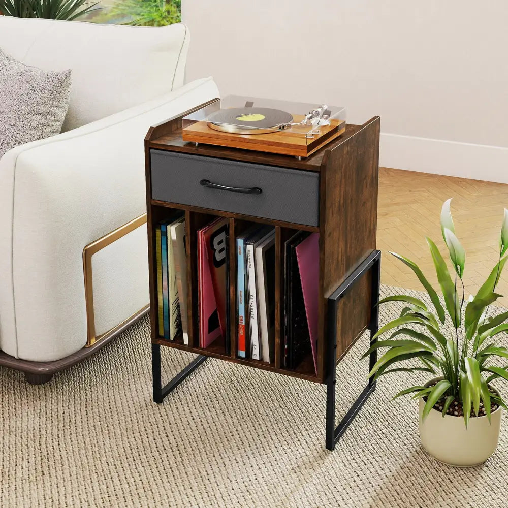 Record Player Stand with Drawer and Record Holder-Rustic Brown - Rustic Brown - End & Side Tables