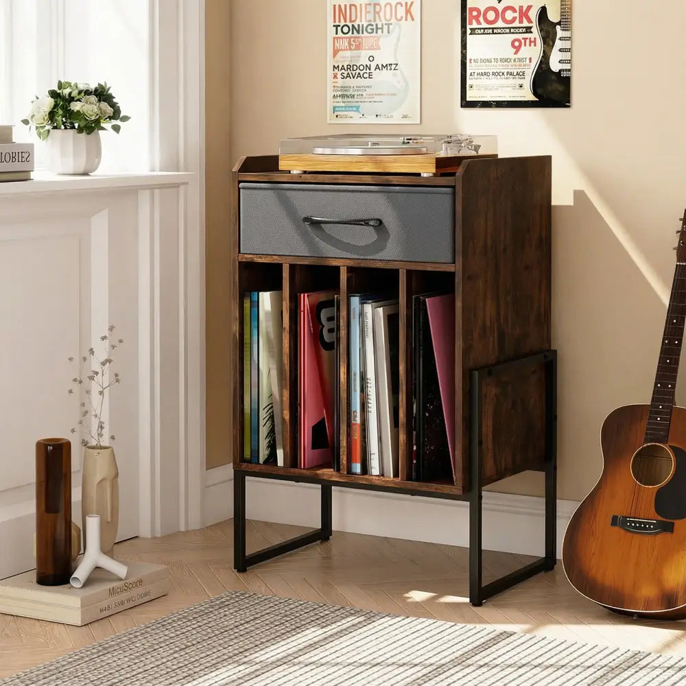 Record Player Stand with Drawer and Record Holder-Rustic Brown - Rustic Brown - End & Side Tables