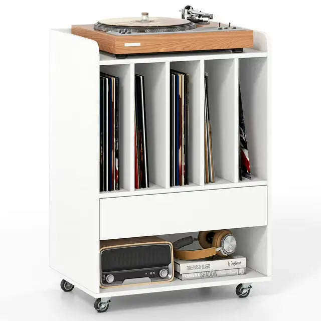 Record Player Stand with Drawer and Record Holder-White - White - End & Side Tables