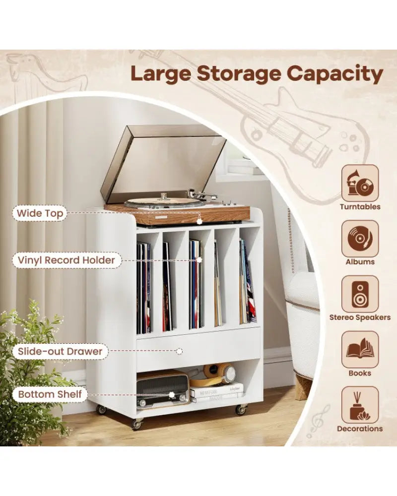 Record Player Stand with Drawer and Record Holder-White - White - End & Side Tables