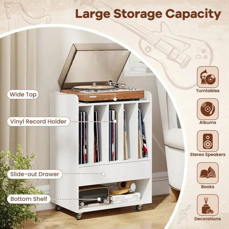 Record Player Stand with Drawer and Record Holder-White - White - End & Side Tables