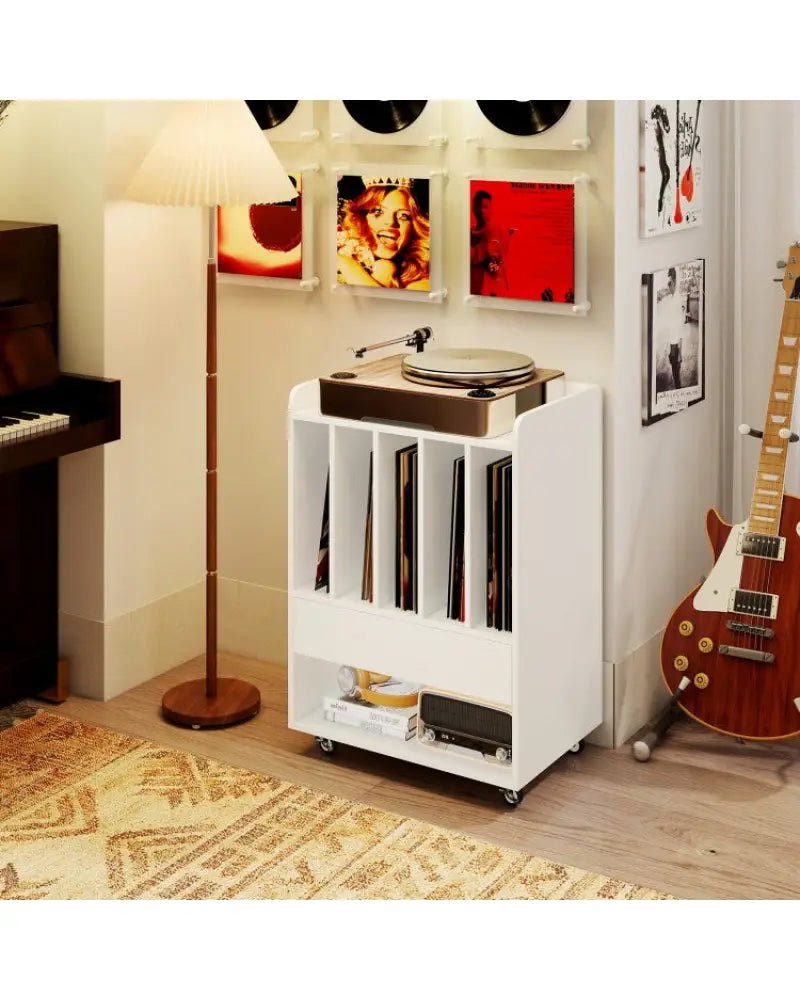 Record Player Stand with Drawer and Record Holder-White - White - End & Side Tables