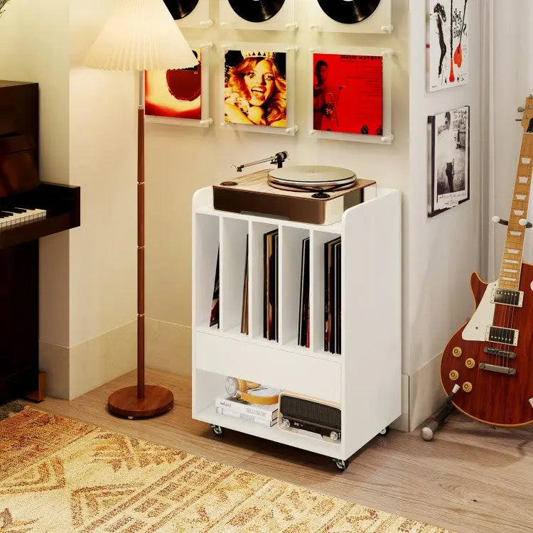 Record Player Stand with Drawer and Record Holder-White - White - End & Side Tables