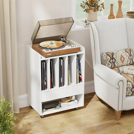 Record Player Stand with Drawer and Record Holder-White - White - End & Side Tables