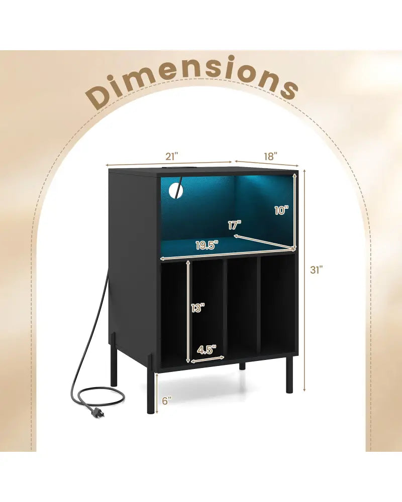 Record Player Stand with LED Light and Charging Station-Black - Black - End & Side Tables