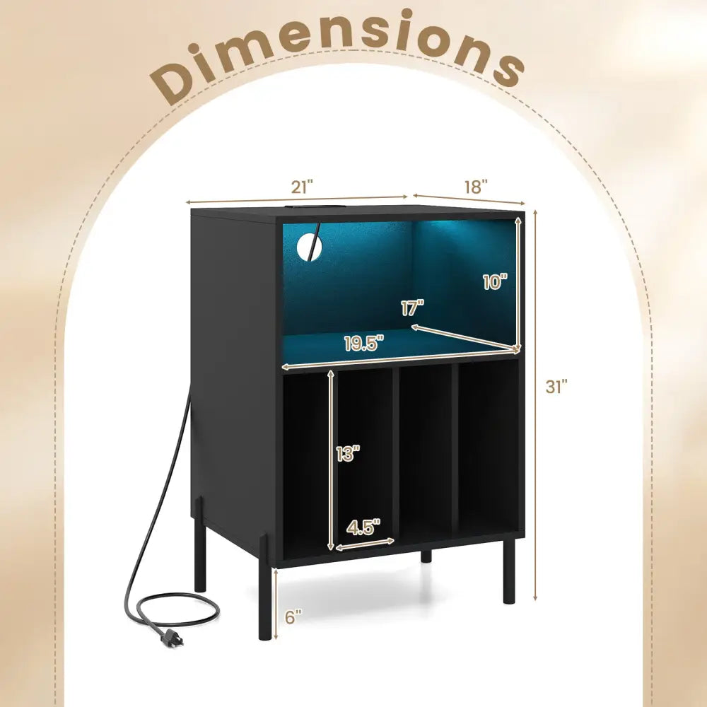 Record Player Stand with LED Light and Charging Station-Black - Black - End & Side Tables