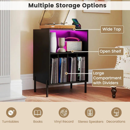 Record Player Stand with LED Light and Charging Station-Black - Black - End & Side Tables
