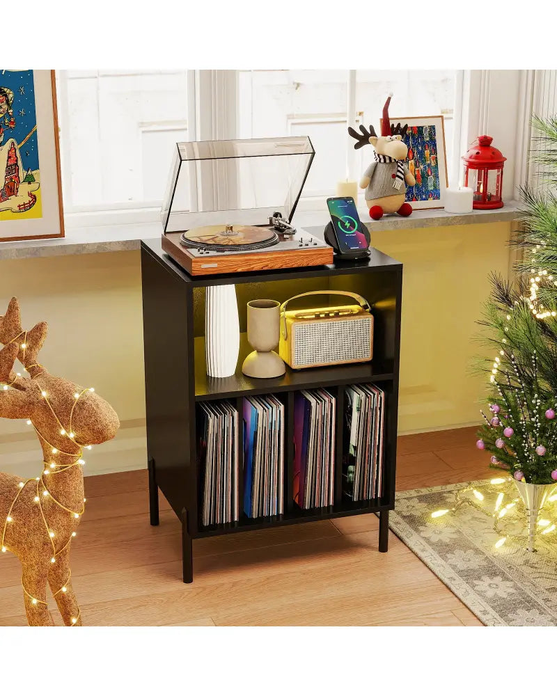 Record Player Stand with LED Light and Charging Station-Black - Black - End & Side Tables