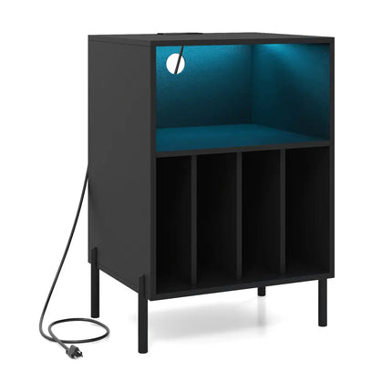 Record Player Stand with LED Light and Charging Station-Black - Black - End & Side Tables