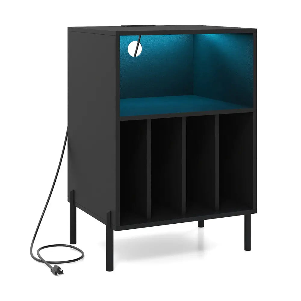 Record Player Stand with LED Light and Charging Station-Black - Black - End & Side Tables