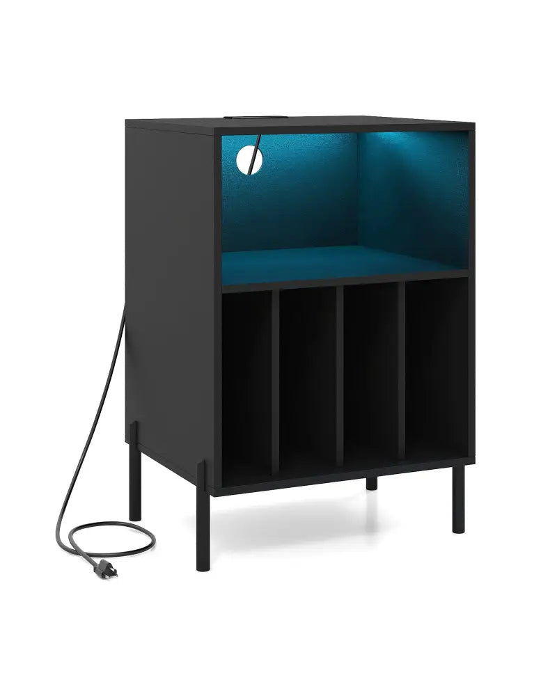 Record Player Stand with LED Light and Charging Station-Black - Black - End & Side Tables
