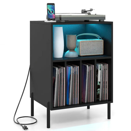 Record Player Stand with LED Light and Charging Station-Black - Black - End & Side Tables