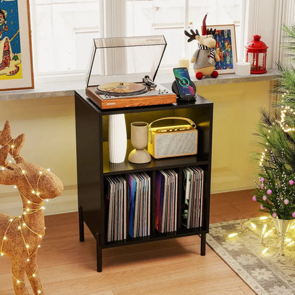 Record Player Stand with LED Light and Charging Station-Black - Black - End & Side Tables
