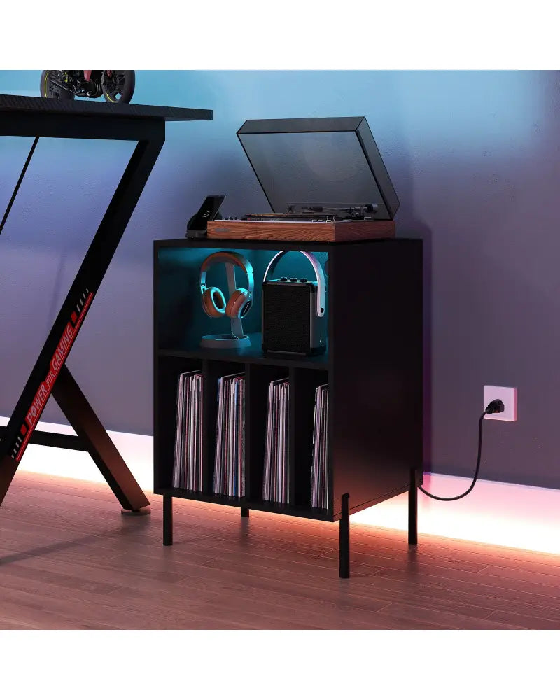 Record Player Stand with LED Light and Charging Station-Black - Black - End & Side Tables