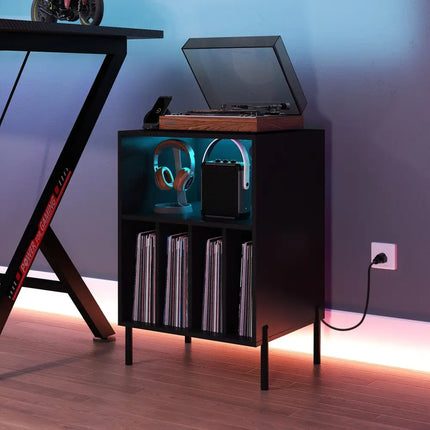 Record Player Stand with LED Light and Charging Station-Black - Black - End & Side Tables