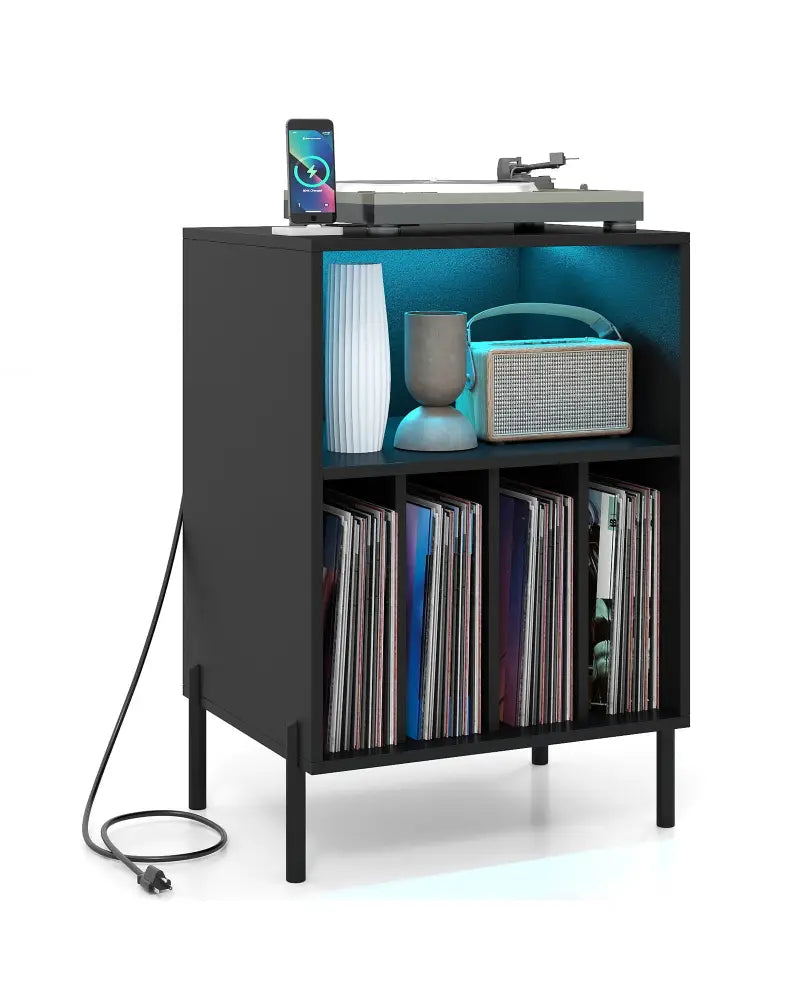 Record Player Stand with LED Light and Charging Station-Black - Black - End & Side Tables