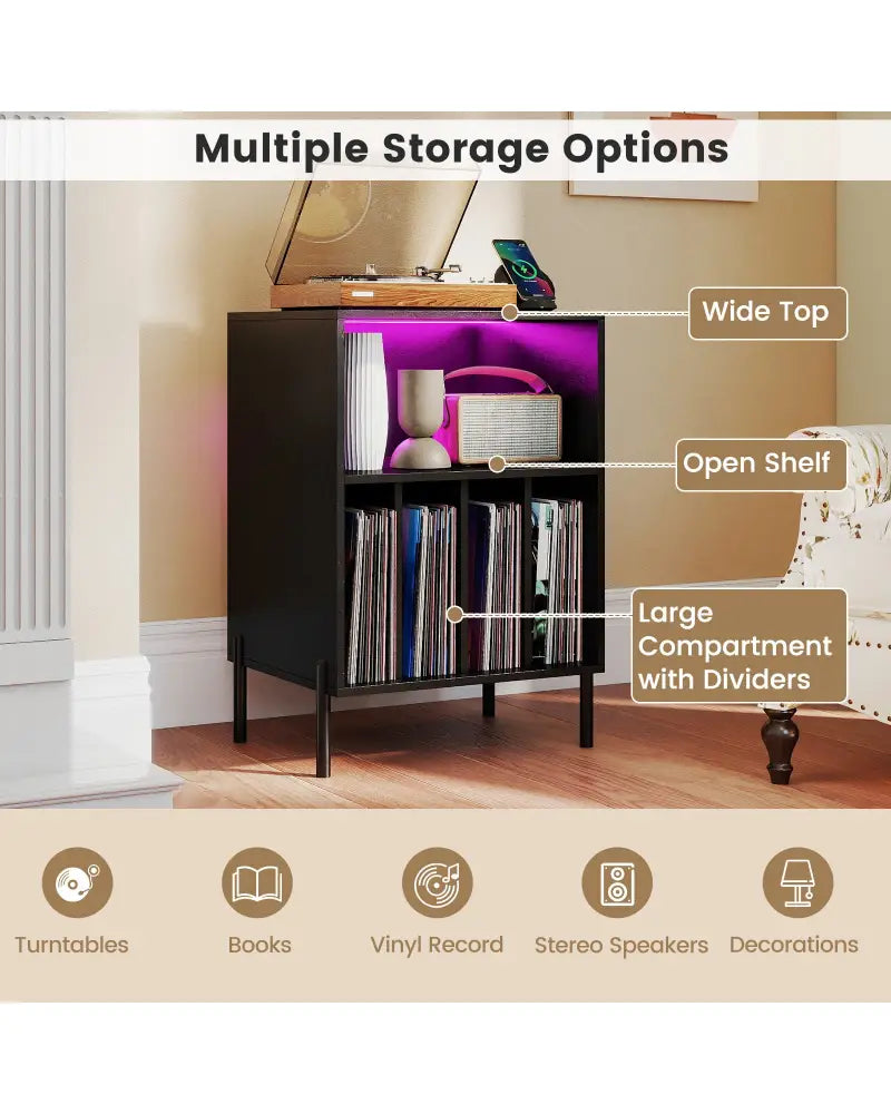 Record Player Stand with LED Light and Charging Station-Black - Black - End & Side Tables