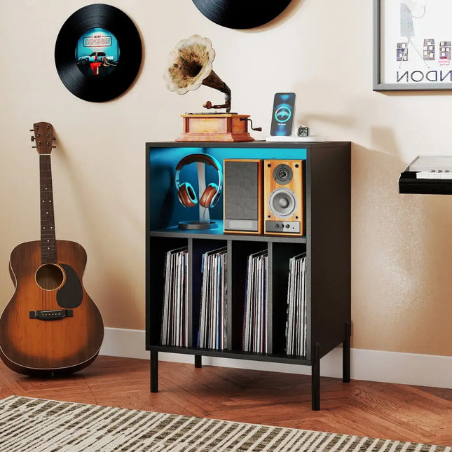 Record Player Stand with LED Light and Charging Station-Black - Black - End & Side Tables