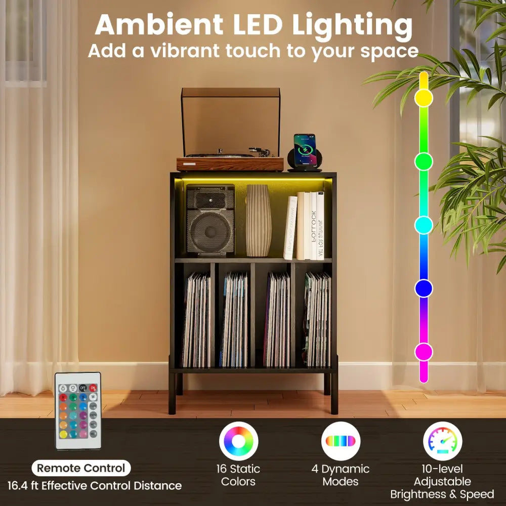 Record Player Stand with LED Light and Charging Station-Black - Black - End & Side Tables