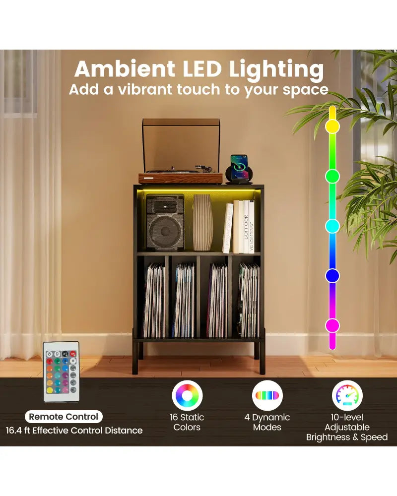 Record Player Stand with LED Light and Charging Station-Black - Black - End & Side Tables