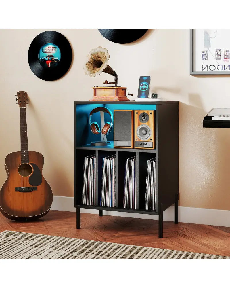 Record Player Stand with LED Light and Charging Station-Black - Black - End & Side Tables