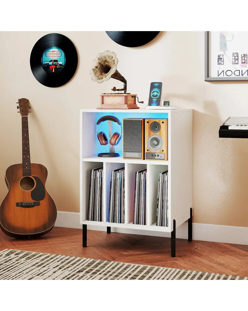 Record Player Stand with LED Light and Charging Station-White - White - End & Side Tables