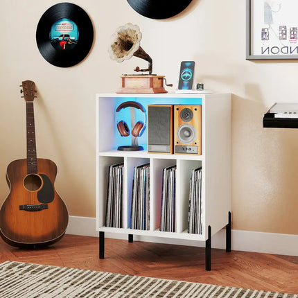 Record Player Stand with LED Light and Charging Station-White - White - End & Side Tables